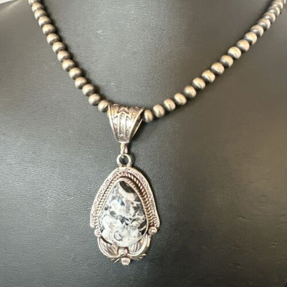 Navajo White Buffalo Turquoise Pendant Necklace | Sterling Silver | Authentic Native American Handmade | 17522