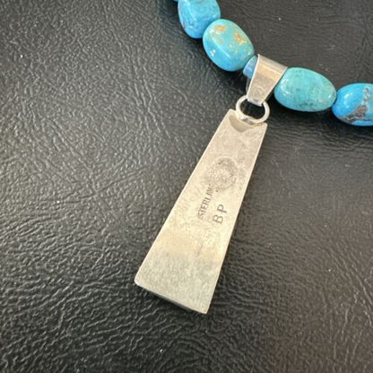 Navajo Blue Turquoise Inlay Pendant Necklace | Sterling Silver | 19" | Authentic Native American Handmade | 17491