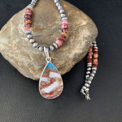 Navajo Pearls Turquoise & Spiny Oyster Pendant Necklace | Sterling Silver | 20" | Authentic Native American Handmade | 13872