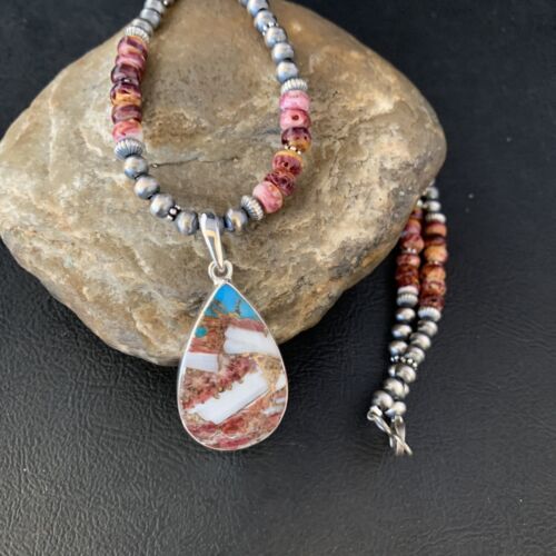 Navajo Pearls Turquoise & Spiny Oyster Pendant Necklace | Sterling Silver | 20" | Authentic Native American Handmade | 13872