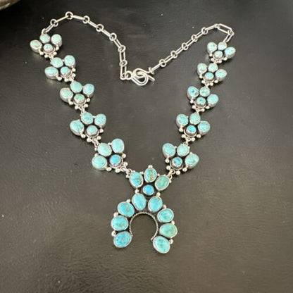 Navajo Blue Kingman Turquoise Squash Blossom Necklace | Sterling Silver | Authentic Native American Handmade | 16829