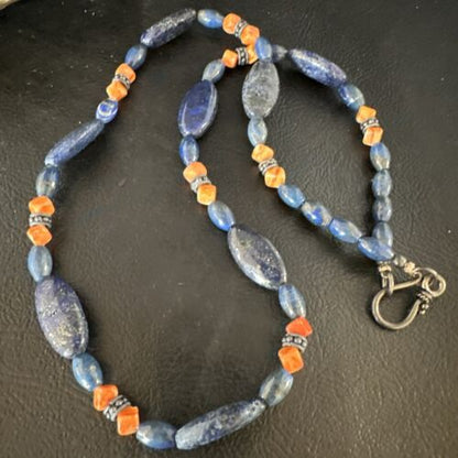 Men's Lapis Lazuli & Spiny Oyster Necklace | Navajo Sterling Silver | 18" | Authentic Native American | 15266
