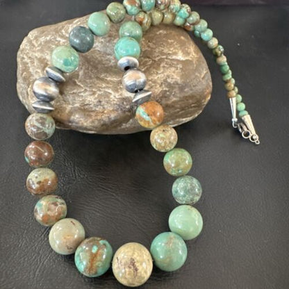 Navajo Green Turquoise Bead Necklace | Sterling Silver | Graduated | Authentic Native American | 18" | 17402