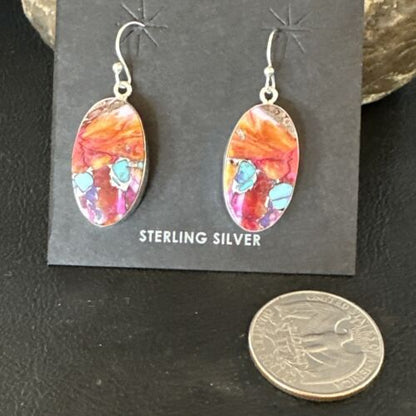 Navajo Blue Turquoise Red Spiny Oyster Inlay Dangle Earrings | Sterling Silver | Authentic Native American Handmade | 15562 - Masha USA