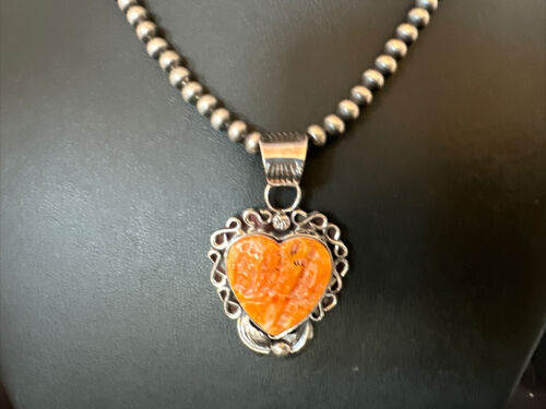 Navajo Orange Spiny Oyster Heart Pendant Necklace | Sterling Silver | Authentic Native American Handmade | 16417