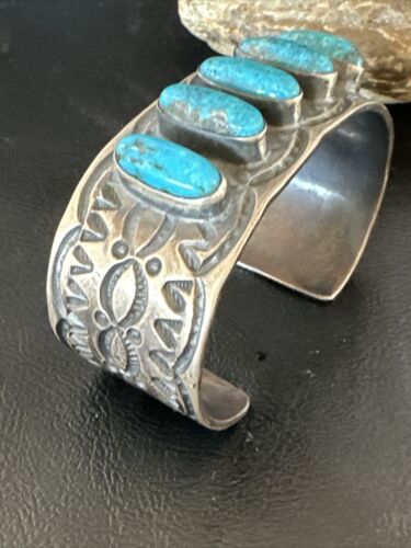 XL Men's Kingman Turquoise 5 Stone Cuff Bracelet | Navajo Sterling Silver | Authentic Native American Handmade | 15858