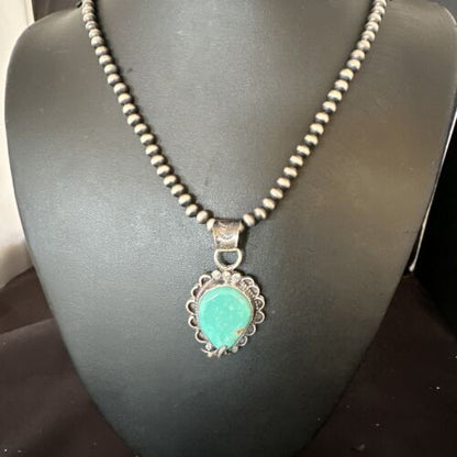 Navajo Blue Turquoise Pendant Necklace | Sterling Silver Pearls | Authentic Native American Handmade | 15656