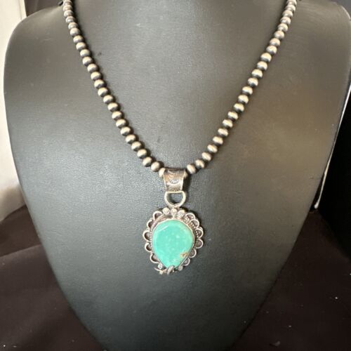 Navajo Blue Turquoise Pendant Necklace | Sterling Silver Pearls | Authentic Native American Handmade | 15656