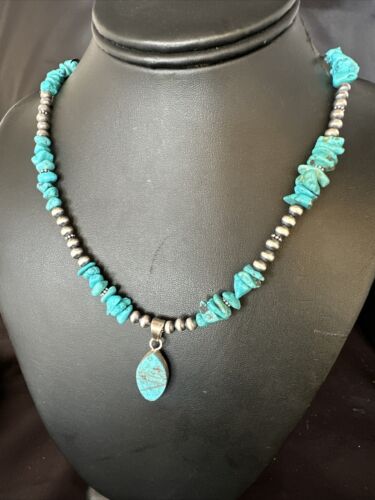 Navajo Kingman Turquoise Pendant Necklace | Sterling Silver | 22" | Authentic Native American Handmade | 14835