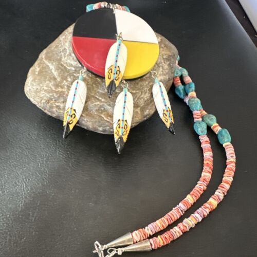 Santo Domingo Multicolor Spiny Inlay Feather Pendant Necklace | Sterling Silver | 24" | 16856
