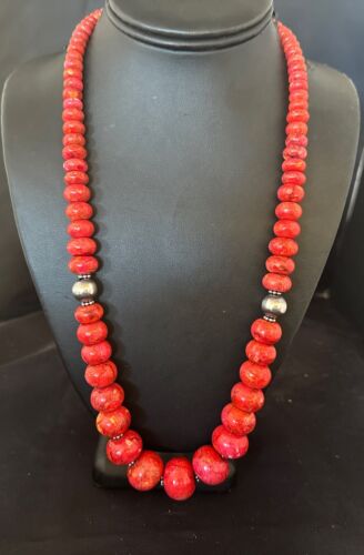 Authentic Navajo Sterling Silver Necklace | Apple Sponge Coral Graduated Beads | 25" | Native American Jewelry | 16815