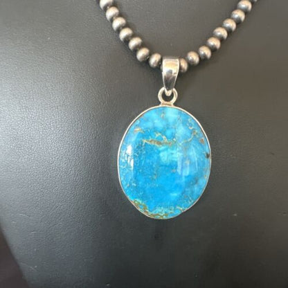 Navajo Blue Kingman Turquoise Pendant Necklace | Sterling Silver | 20" | Authentic Native American Handmade | 16675