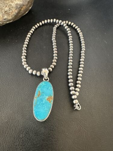 Navajo Blue Kingman Turquoise Pendant Necklace | Sterling Silver | 20" | Authentic Native American Handmade | 16686