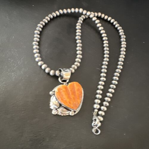 Navajo Orange Spiny Oyster Heart Pendant Necklace | Sterling Silver | Authentic Native American Handmade | 16413