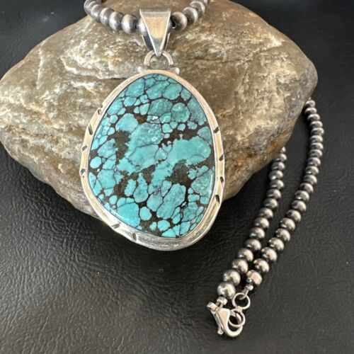 Men's Navajo Blue Spiderweb Turquoise Pendant Necklace | Sterling Silver | Authentic Native American Handmade | 16198