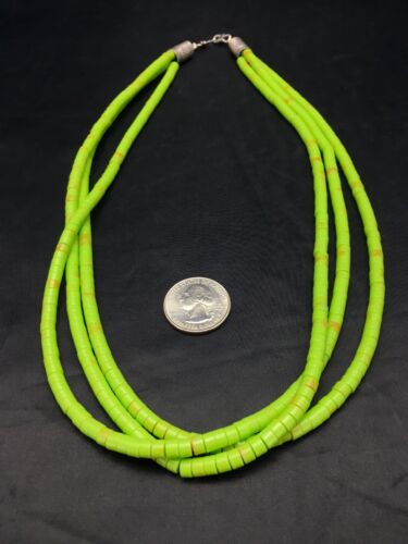 Heishi Bead Necklace Stabilized Gaspeite | 3-Strand | Sterling Silver | Native American Handmade | 2599