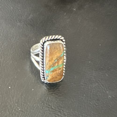 Navajo Ribbon Boulder Green Turquoise Ring | Sterling Silver | Sz 8 | Authentic Native American Handmade | 16384