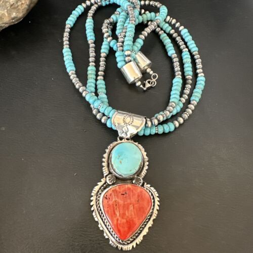 Navajo Pearls Blue Turquoise Spiny Pendant Necklace | Sterling Silver | 3-Strand | 16827