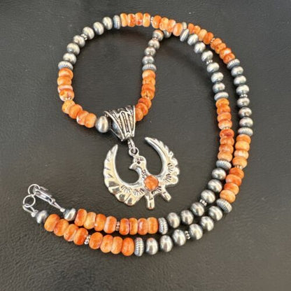 Navajo Thunderbird Orange Spiny Oyster Pendant Necklace | Sterling Silver | Authentic Native American Handmade | 16852