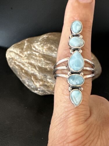Navajo Blue Larimar Cluster Ring | Authentic Native American Sterling Silver | Multi-Stone | Sz 8 | 16157