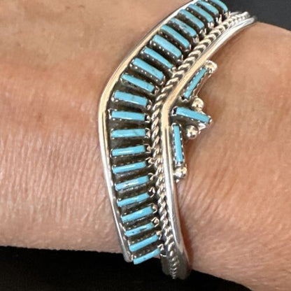 Native American Zuni Blue Turquoise Needle Point Cluster Cuff Bracelet | Sterling Silver | Handmade Southwestern Jewelry | 15068