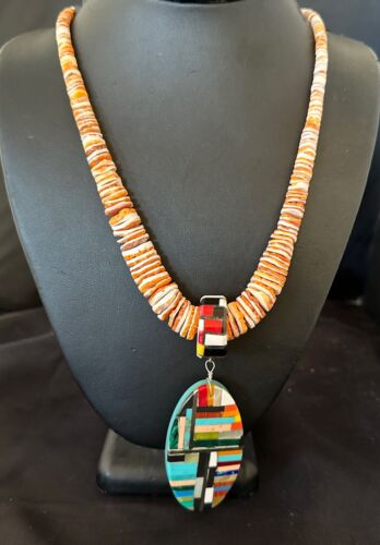 Santo Domingo Multi-Color Spiny Inlay Pendant Necklace | Sterling Silver | 32" | 16855
