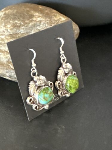 Navajo Green Sonoran Gold Turquoise Dangle Earrings | Sterling Silver | Authentic Native American Handmade | 14914
