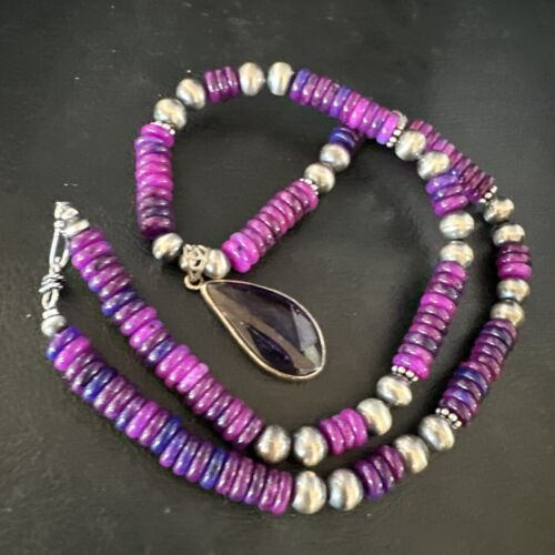 Navajo Pearls Purple Sugilite Pendant Necklace | Sterling Silver Beads | Authentic Native American Handmade | 15373