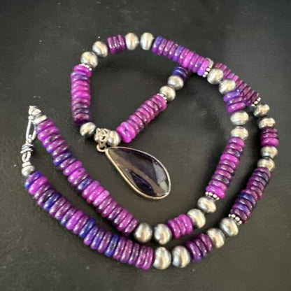 Navajo Pearls Purple Sugilite Pendant Necklace | Sterling Silver Beads | Authentic Native American Handmade | 15373