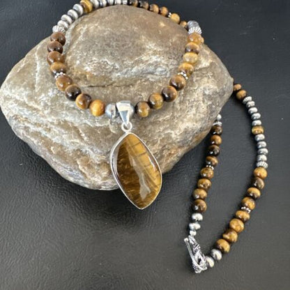 Southwestern Coffee Brown Tiger's Eye Pendant Necklace | Sterling Silver | 15868