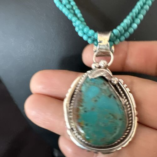 Navajo Blue Turquoise Pendant | Sterling Silver 3-Strand Bead Necklace | 17" | Authentic Native American Handmade | 15997