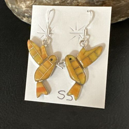 Navajo Orange Spiny Oyster Hummingbird Dangle Earrings | Sterling Silver | Authentic Native American Handmade | 15089