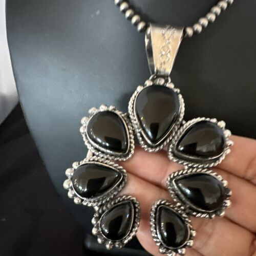 Navajo Men's Black Onyx Naja Pendant Necklace | Sterling Silver Pearls | Authentic Native American Handmade | 16808