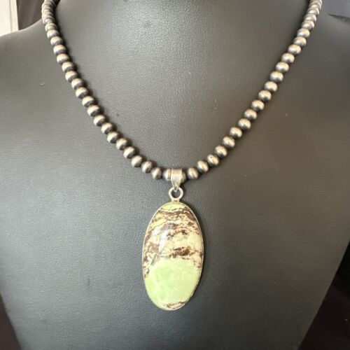 Navajo Green Gaspeite Pendant Necklace | Sterling Silver | Authentic Native American Handmade | 15481