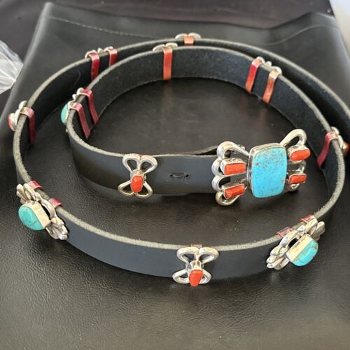 Men's Kingman Turquoise Coral Concho Belt | Sterling Silver | Navajo Tufa | 16681
