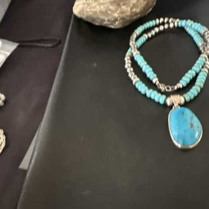 Navajo Blue Kingman Turquoise Pendant Necklace | Sterling Silver | 21" | Authentic Native American Handmade | 17087