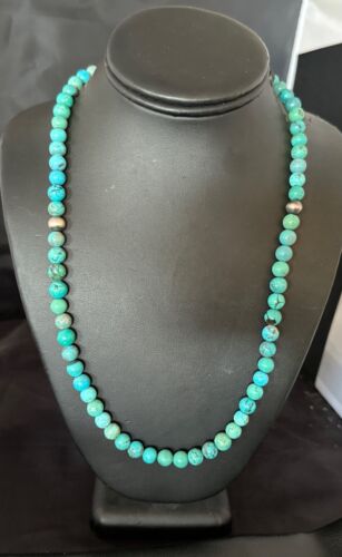 Navajo Blue Turquoise Necklace | Sterling Silver Pearls | 22" | Authentic Native American Handmade | 16951