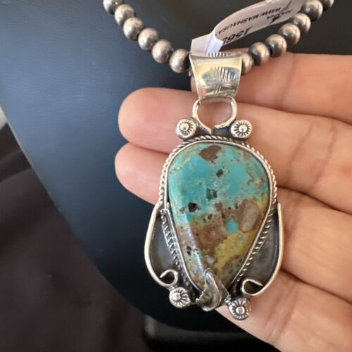 Navajo Blue Turquoise Pendant Necklace | Sterling Silver Pearls | Authentic Native American Handmade | 15653 - Masha USA