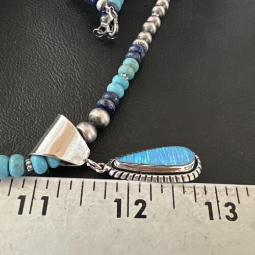 Navajo Opal Inlay Pendant with Turquoise & Lapis | Sterling Silver Necklace | Authentic Native American Handmade | 16849