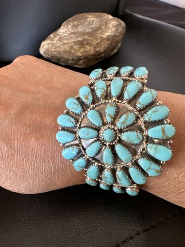 Navajo Blue Turquoise Cluster Cuff Bracelet | Sterling Silver | Old Pawn | Authentic Native American Handmade | 17220