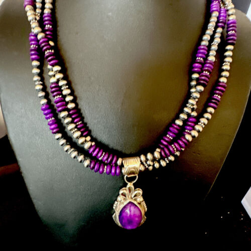 Navajo Sugilite 3-Strand Bead Necklace Set | Sterling Silver | 21" | Authentic Native American Handmade | 02927