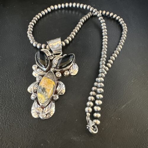 Men's Navajo Pearls Onyx Bumblebee Jasper Pendant | Sterling Silver | Multi-Stone Necklace | 15415