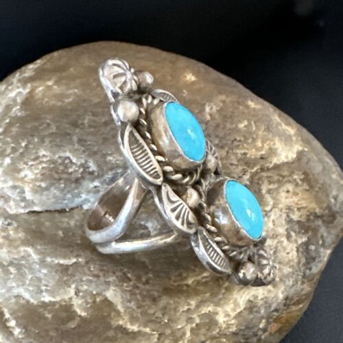 Navajo Blue Kingman Turquoise Cluster Ring | Authentic Native American Sterling Silver | Multi-Stone | Sz 8.5 | 15892