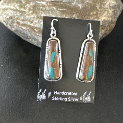 Navajo Blue Boulder Turquoise Dangle Earrings | Sterling Silver | Authentic Native American Handmade | 16499