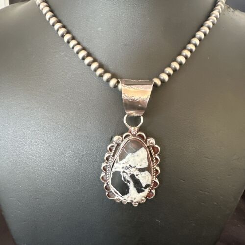 Men's White Buffalo Turquoise Pendant | Navajo Pearl Sterling Silver Necklace 21" | Handmade 17039