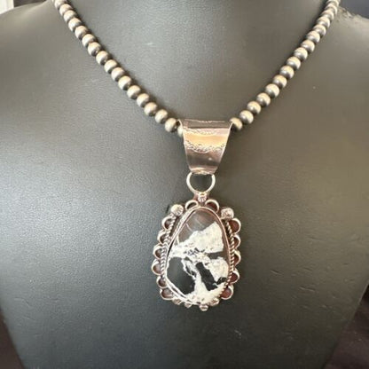 Men's White Buffalo Turquoise Pendant | Navajo Pearl Sterling Silver Necklace 21" | Handmade 17039