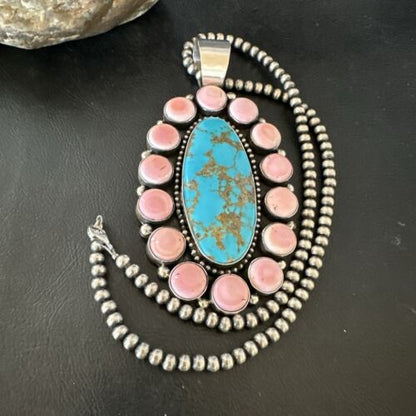 XXL Pink Conch Naja Pendant | Blue Turquoise | Navajo Sterling Silver Necklace 21" | Multi-Stone | 17426