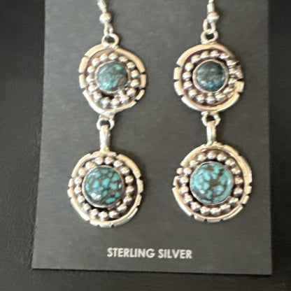Navajo Blue Spiderweb Turquoise Dangle Earrings | Sterling Silver | Authentic Native American Handmade | 16010 - Masha USA