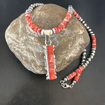 Navajo Red Spiny Oyster Pendant Necklace | Sterling Silver Inlay | Authentic Native American Handmade | 16853
