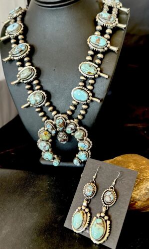 Navajo Blue Golden Hills Turquoise Squash Blossom Necklace & Earrings | Sterling Silver | 17210